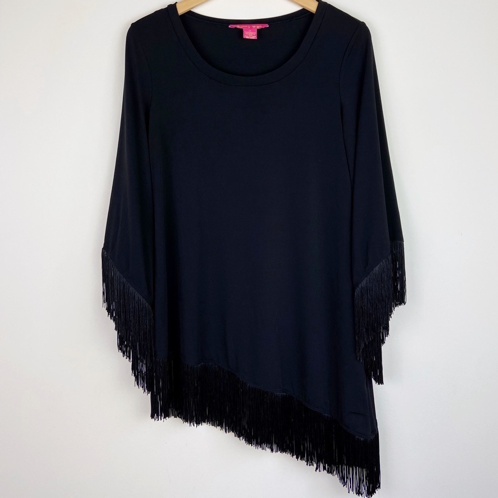 Sunny Leigh Black Asymmetrical Fringe Top